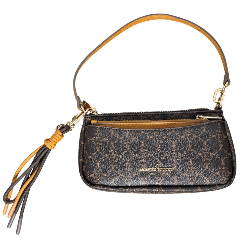 Nanette Lepore Brown Monogram Wristlet Clutch Tassel Tech Wallet